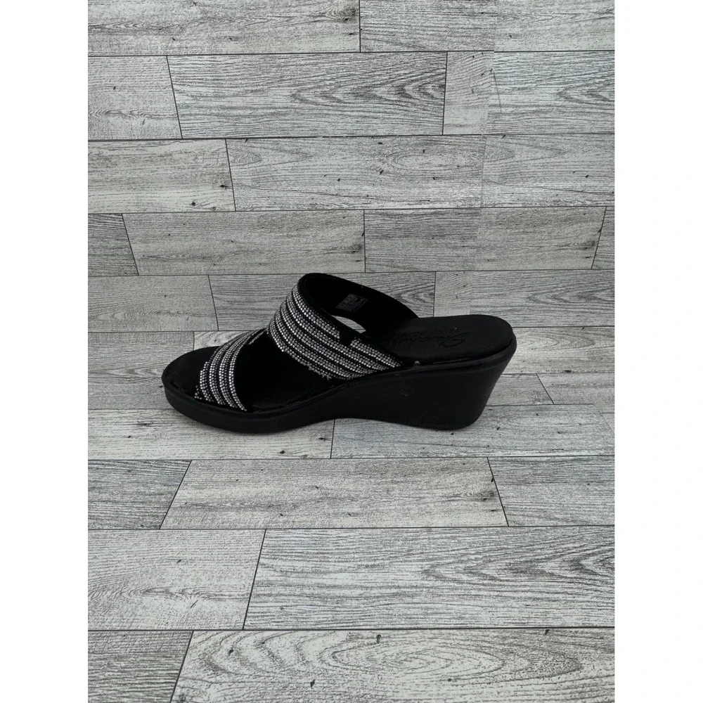 Skechers Luxe Foam Black Silver Rhinestone Wedge Sandals 119001 BKSL Women Sz 10